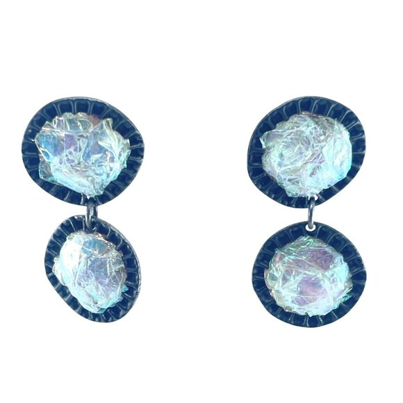 Vintage 1987 Zeny C. Iridescent Bottle Cap Drop Earrings - Picture 2 of 9